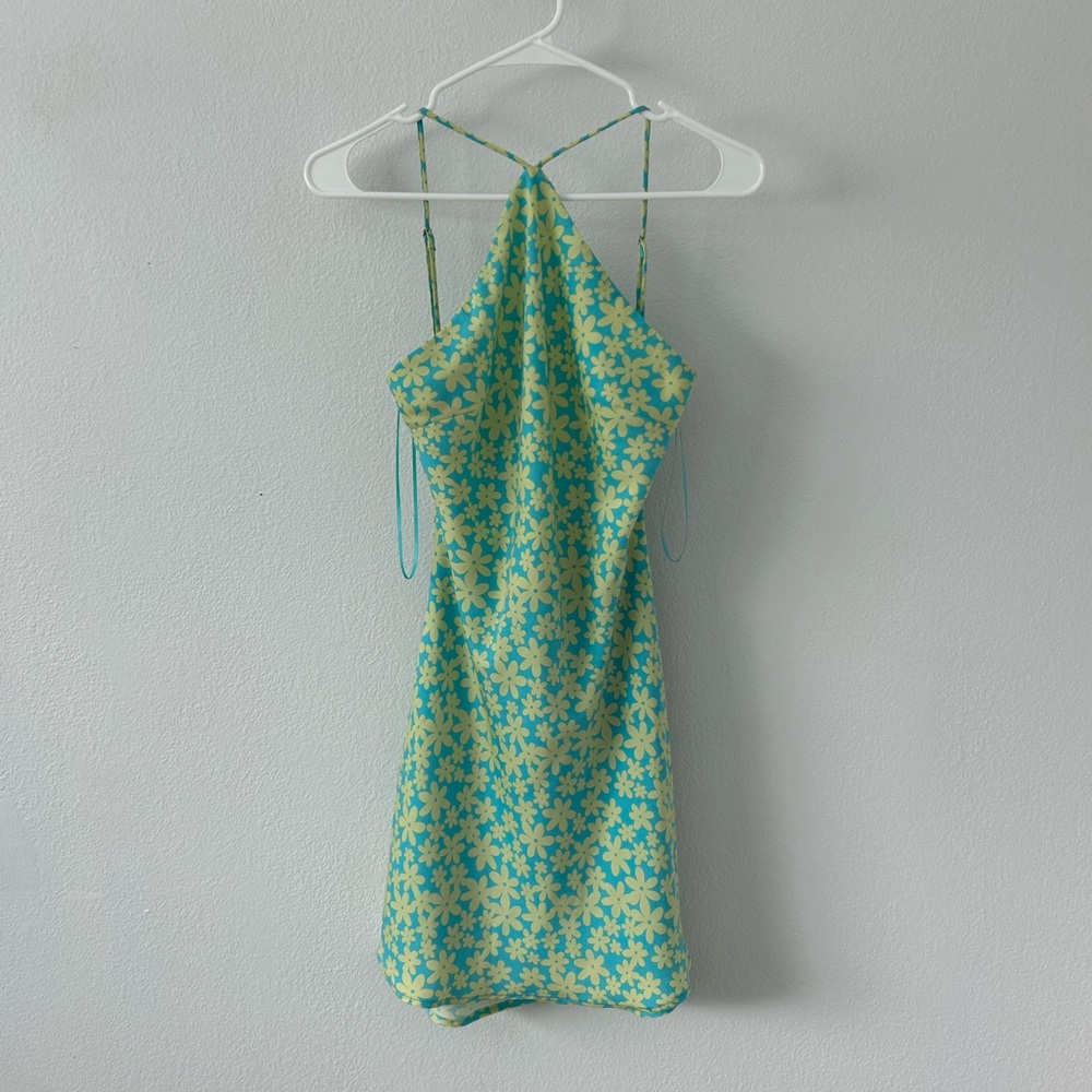 Floral Retro Halter Dress Mini Blue Green